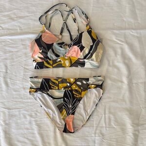 Abstract Floral Two-Piece Bikini - Black, Mustard & Peach